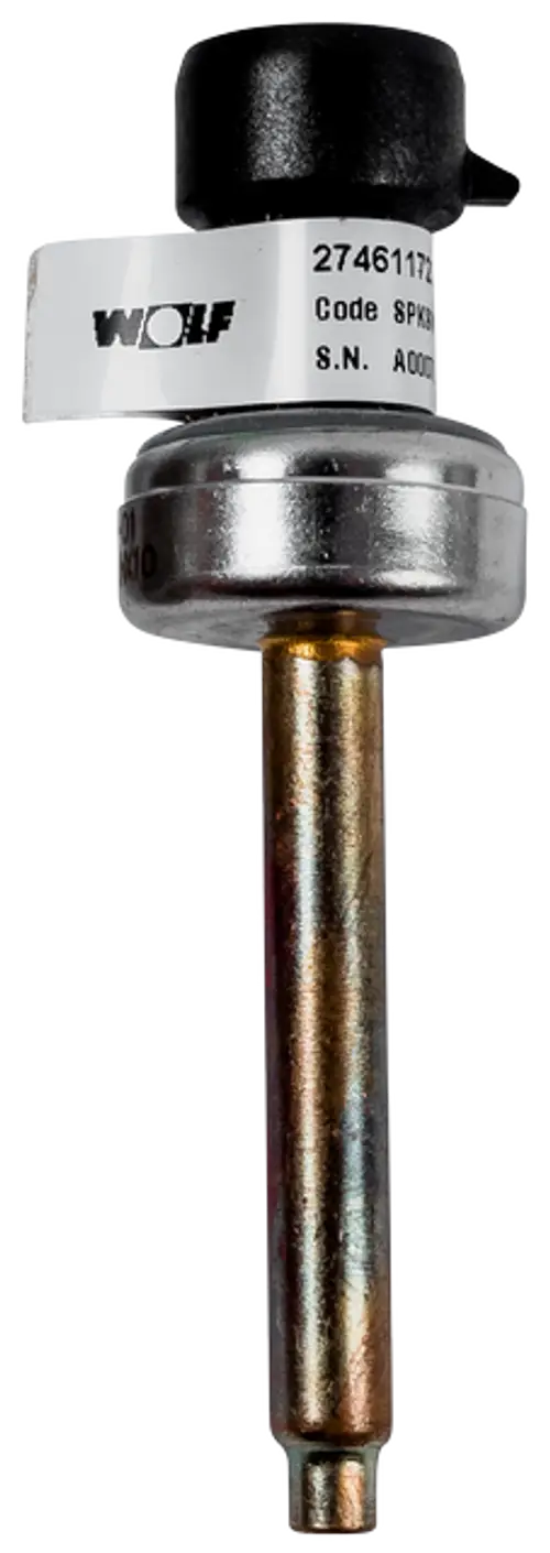 Drucksensor mit schwarzem oberen Teil und metallischem Zylinder. Logo der Marke Wolf sichtbar. Produkt hat einen durchgehenden, zylindrischen Stift.